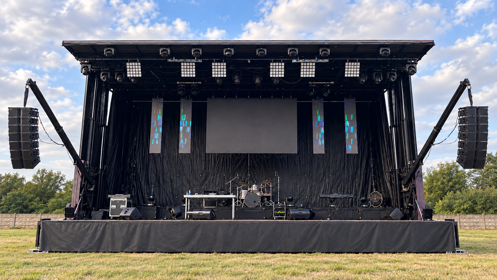 Scenă mobilă hidraulică cu acoperiș și două brațe laterale pentru sistemele audio line-array